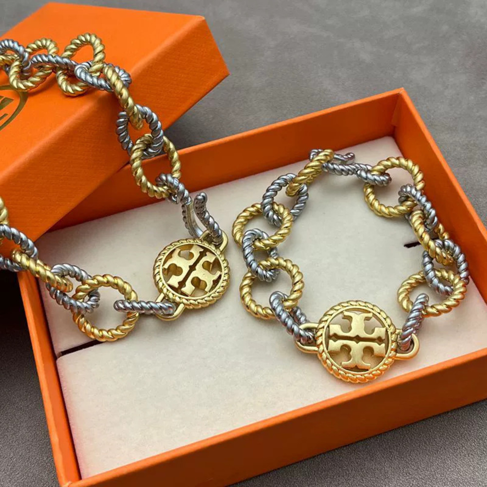 Tory Burch Twisted Rope Design Double Gold Plated Copper Bracelet Necklace Set